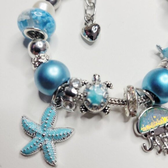 NWT Pandora Style Charm Bracelet Enamel Turtles Jellyfish Whale Blue Silver Bead - Picture 7 of 9